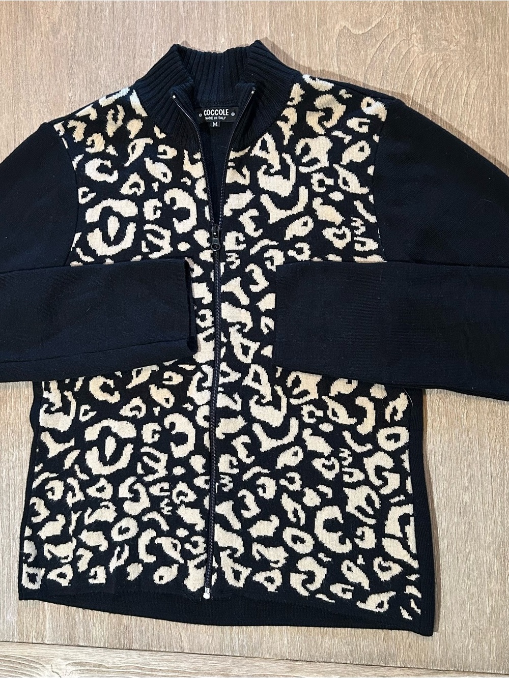 Coccole Made in Italy Merino Wool Leopard Print Zip Up Sweater Size M